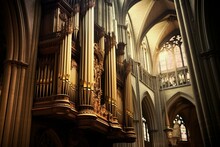 A Majestic Pipe Organ Positioned In A Grand Cathedral. Generative AI