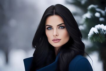 beautiful brunette girl with blue eyes on a winter background, winter girl