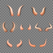 Collection of three realistic three dimensional devil horns. Beige glossy daemon horns isolated on transparent background. Satan decoration, Monster carnival element. Vector illustration EPS 10