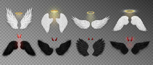 Collection Of 3D White Angel Wings With Golden Nimbus, Halo And Black Devil Wings With Red Daemon Horns Isolated On Transparent Background. Realistic Festival, Carnival Costume. Fantasy Concept.