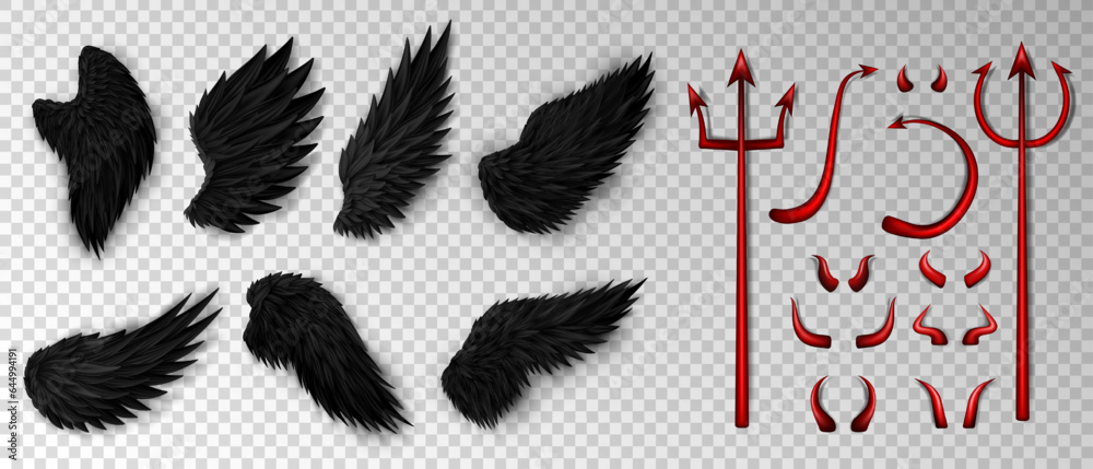 Winged Devil Types Big set of 3d realistic devil costume elements - red bloody trident ...