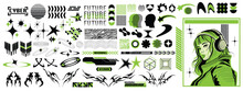 Cyberpunk Grid Icon Element Set, Vector Abstract Retro Y2k Shapes Kit, Japanese Sci-fi Girl Face. Retro Futuristic Design Forms, Modern Cyber Geometric Acid Symbols. Technology Groovy Cyberpunk Shapes