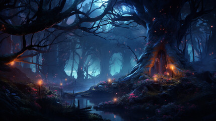 Wall Mural - beautiful forest fantasy world with glowing insects trees