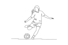 Continuous One Line Drawing Funny Female Football Players Concept. Doodle Vector Illustration.
