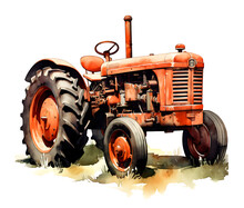 Vintage Red Tractor Watercolor Illustration Isolated On A White Background 