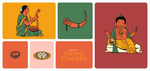 Ganesh Chaturthi text with Ganesha editable hand-drawn vector illustration, traditional festive background, and festive elements.