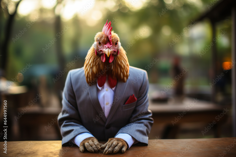 Quirky representation of a rooster-businessman sitting on a desk ...