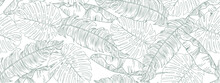 Tropical Leaf Line Art Wallpaper Background Vector. Design Of Natural Monstera Leaves And Banana Leaves In A Minimalist Linear Outline Style. Design For Fabric, Print, Cover, Banner, Decoration.