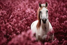 Beautiful White Horse Standing In A Field Of Maroon Flowers, Ai Generated
