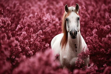 Wall Mural - beautiful white horse standing in a field of maroon flowers, ai generated