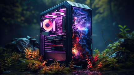 Fototapete - a powerful gaming computer with neon lights