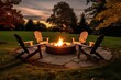 Outdoor fire pit in the backyard, with lawn chairs seating on a late summer or autumn night