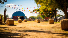 A Rustic Country Fair With Colorful Tents And Hay Bales Background With Empty Space For Text 