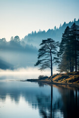 a serene misty morning landscape in november showcasing rolling hills and a calm lake background wit