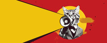 Art Collage. A Crazy Cat With A Megaphone. Promotion, Action, Ad, Job Questions, Discussion. Vacancy. Business Concept, Communication, Information, News, Boss, Team Media Relations.