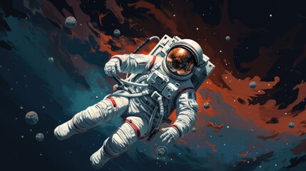 An astronaut in space with the  word  space on