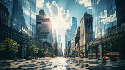 Reflective skyscrapers, business office buildings. low angle view of skyscrapers in city, sunny day. Business wallpaper with modern high-rises with mirrored windows. Generative AI