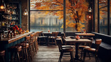 Fototapeta  - Cozy cafe bistro with blurred background and wooden montage. Generative AI