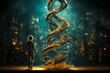 Emotional depiction of a young boy climbing a DNA structure like stairs, symbolizing genetic heritage research, paternity testing and genealogy in orphanhood.