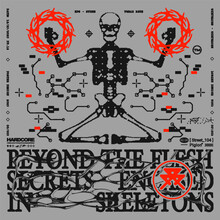 Techno Streetwear Print With Pixelated Human Skeletons. Dither Effect. Elements With Grunge Style, Shabby Retro Text. High Quality Print For T-shirts, Sweatshirts, And Hoodies