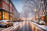 Fototapeta Uliczki - Freshly fallen first snow blanketing a quaint town square