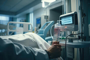 Sticker - Hospital room with a patient's hand hooked up to an IV, portraying the reality of medical treatment during times of illness. Generative Ai.