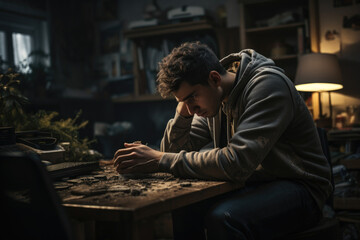 Poster - a person sits alone in a dimly lit room, clutching their head in pain, depicting the isolating and c