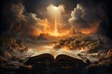 Fototapeta Kosmos - Illustration of an open Bible with landscape of the nature of God's creation Generative AI