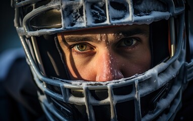 Wall Mural - Focused and equipped, the hockey goalkeeper stands ready in the crease, a vigilant guardian of the net.