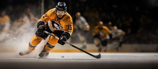 Wall Mural - Captivating dynamics of hockey: a portrait of a player in the background of the ice arena