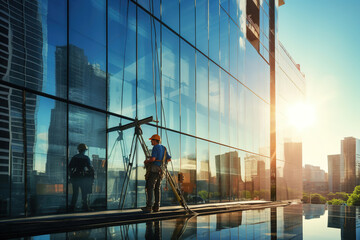 Window washer cleaning high rise glass office building in sunlight.