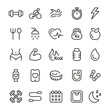 Fitness icons set. Drawn with a thin line. Healthy lifestyle. Vector illustration