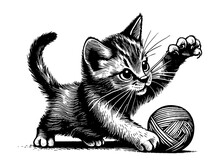 Playful Kitten Chasing A Ball Of Yarn Illustration