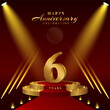 6th anniversary logo with numbers and podium in gold color, logo design for celebration event, invitation, greeting card, banner, poster, and flyer, vector template