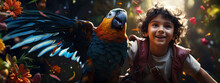 Child Plays Pirate With A Colorful Parrot In The Vibrant Jungles