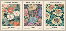 Set Of Abstract Flower Posters. Trendy Botanical Wall Arts With Floral Design In Dark Green Colors. Modern Naive Groovy Funky Interior Decorations, Paintings. Vector Art Illustration.