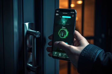 A close-up of a person's hand using a smartphone to lock or unlock their smart door lock remotely. Generative Ai.