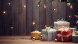 © David - Gifts and toys on wooden boards decorated with Christmas lights. Space to write.