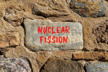 Wall Mural - Nuclear fission symbol. Concept words Nuclear fission on beautiful big stone. Beautiful stone wall background. Business science nuclear fission concept. Copy space.
