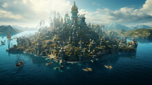 Fantasy City Over Island And Mid Sea Close Up View Of Fish, Generative Ai