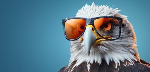 Wall Mural - flying high: majestic eagle in stylish sunglasses, isolated on solid pastel background, advertising 