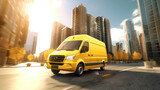 Fototapeta  - Urban Logistics in Motion: Yellow Cargo Van Delivering Parcels Across the City.