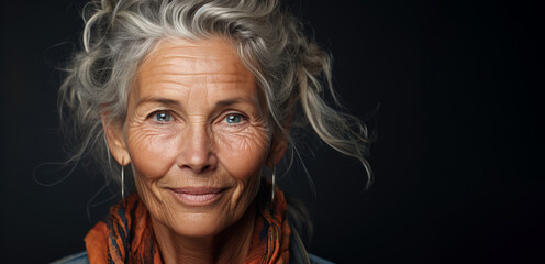 Wall Mural - Portrait of an old senior woman with gray hair and deep wrinkles. copy space for text