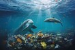 Illustrates polluted ocean floor and plastic waste, emphasizing the Pacific garbage patch. Environmental crisis. Generative AI