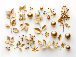 Christmas gold leaves, baubles, and ornaments on white background