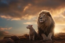 Paradise Concept Of A Lion And A Lamb. Symbol Of Christ. Lion Of Judah