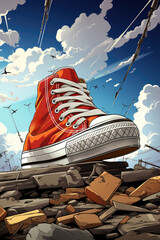 Canvas Print - An illustration of a red sport shoe on top of a pile of rubble, AI