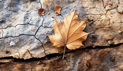 Wall Mural - Dry, cracked pavement with autumn leaves. AI generated