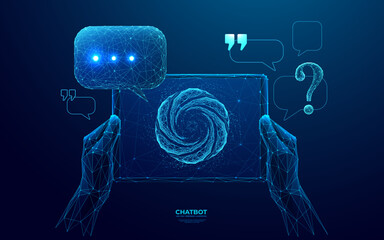 Abstract digital close-up hands holding tablet with chatbot logo on screen. Speech bubble, question, and quote marks on blue technology background. Futuristic low poly wireframe vector illustration.