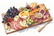 Watercolor painting of a charcuterie board on a white background. Generative AI